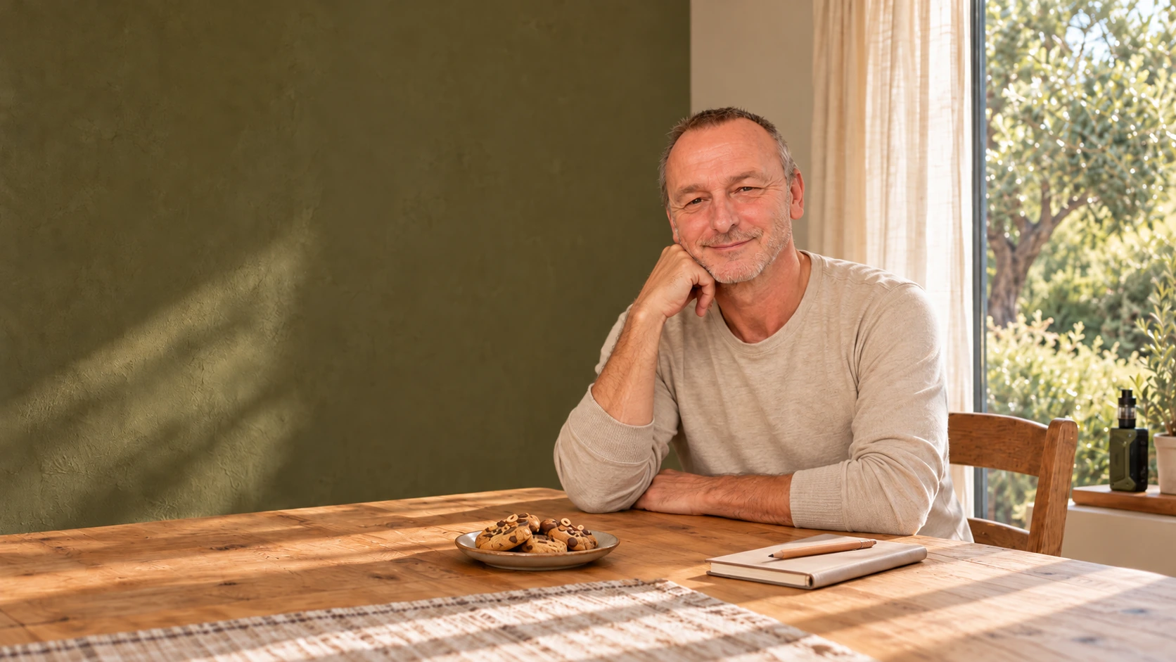 Laurent GRINAS assis à une table en bois, avec un carnet, un crayon et des cookies, dans une pièce lumineuse.