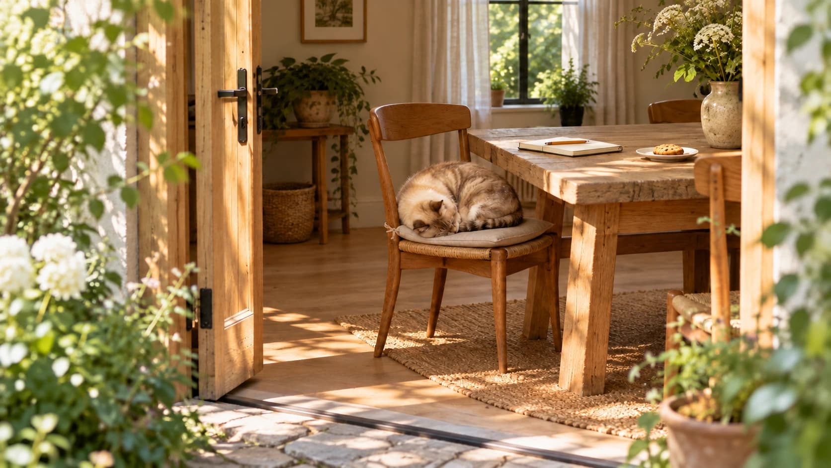 Vue depuis l’extérieur d’une porte ouverte sur une pièce lumineuse, avec un chat endormi sur une chaise près d’une table.